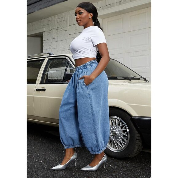 Women's Cropped Elastic Waist Denim Pants Loose Baggy Wide Leg Trousers - Picture 8 of 9